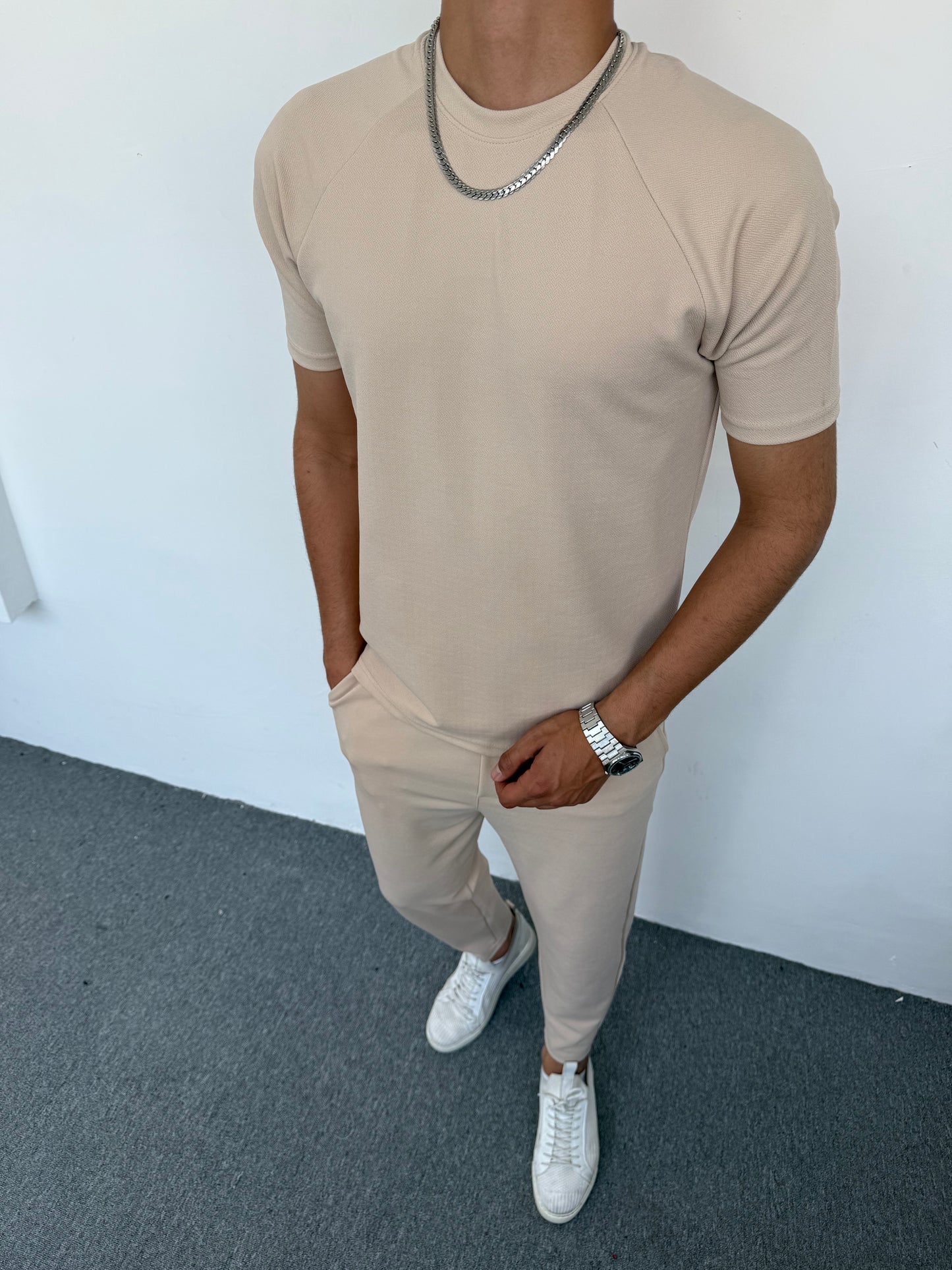 KREP KUMAŞ REGLAN KOL BOYFİREND TAKIM BEJ