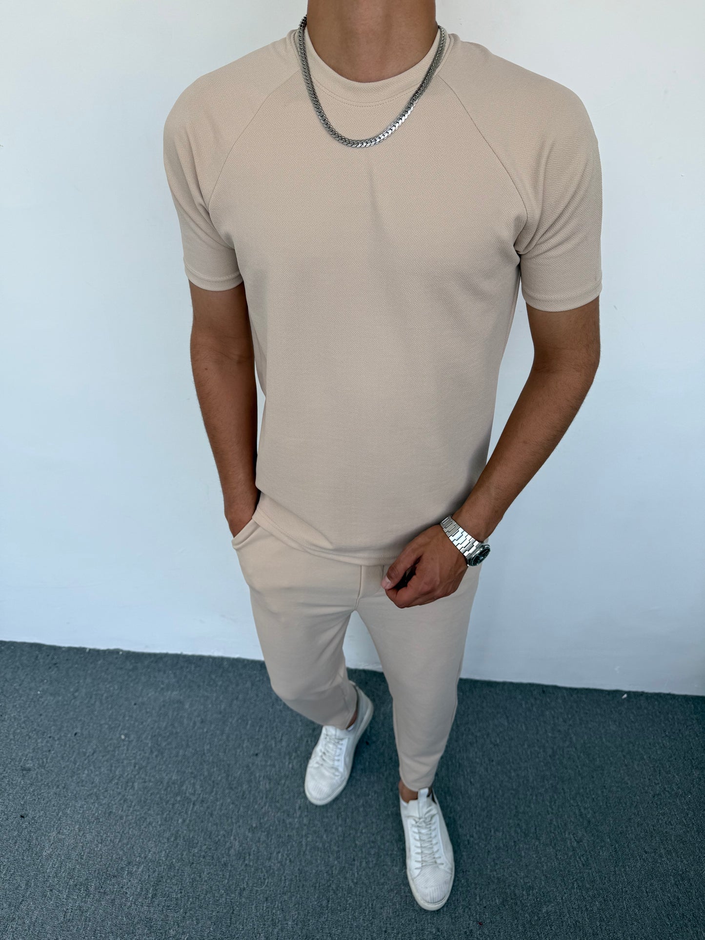 KREP KUMAŞ REGLAN KOL BOYFİREND TAKIM BEJ