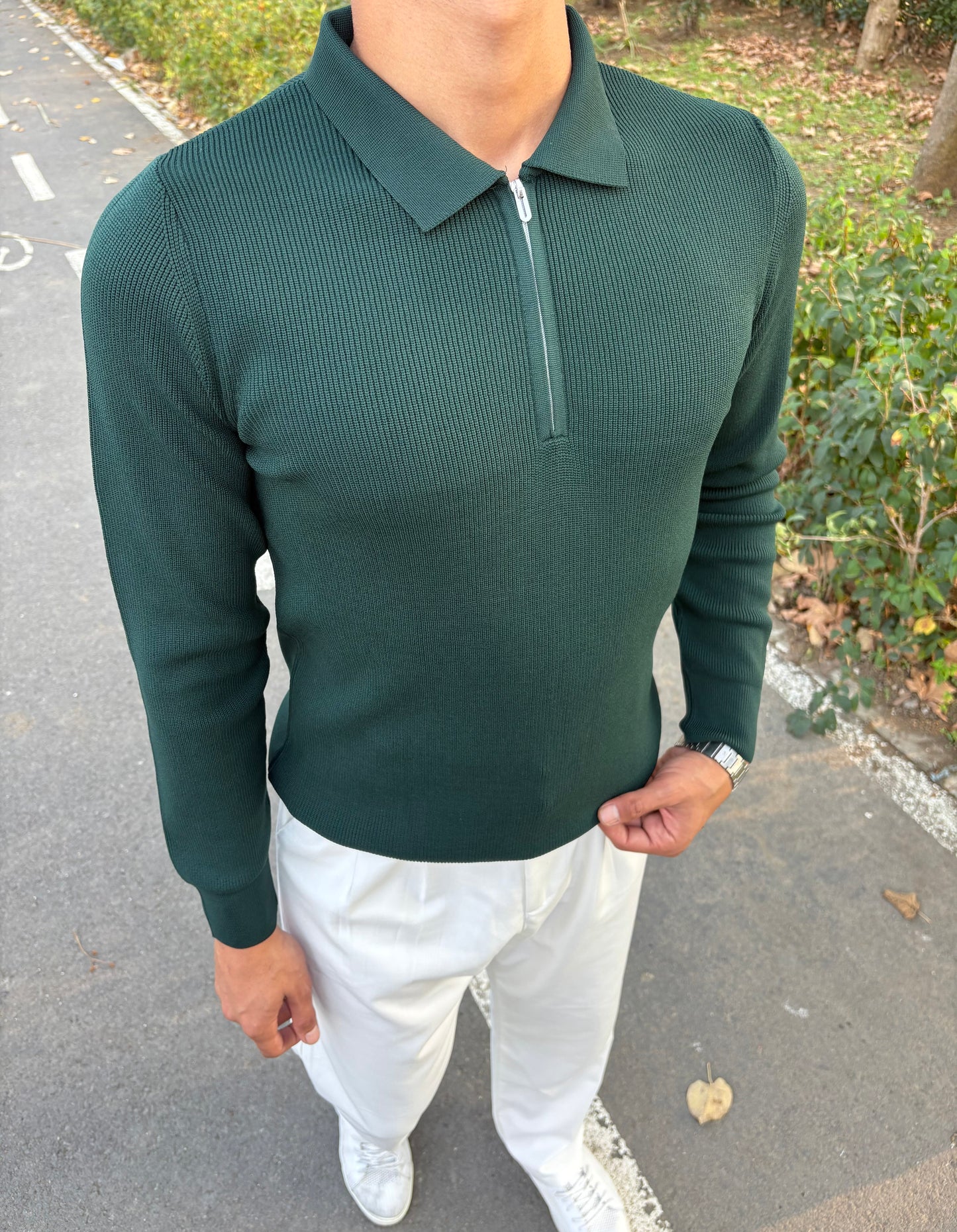 ÇELİK ÖRME YARIM FERMUARLI POLO YAKA SWEATSHİRT YEŞİL