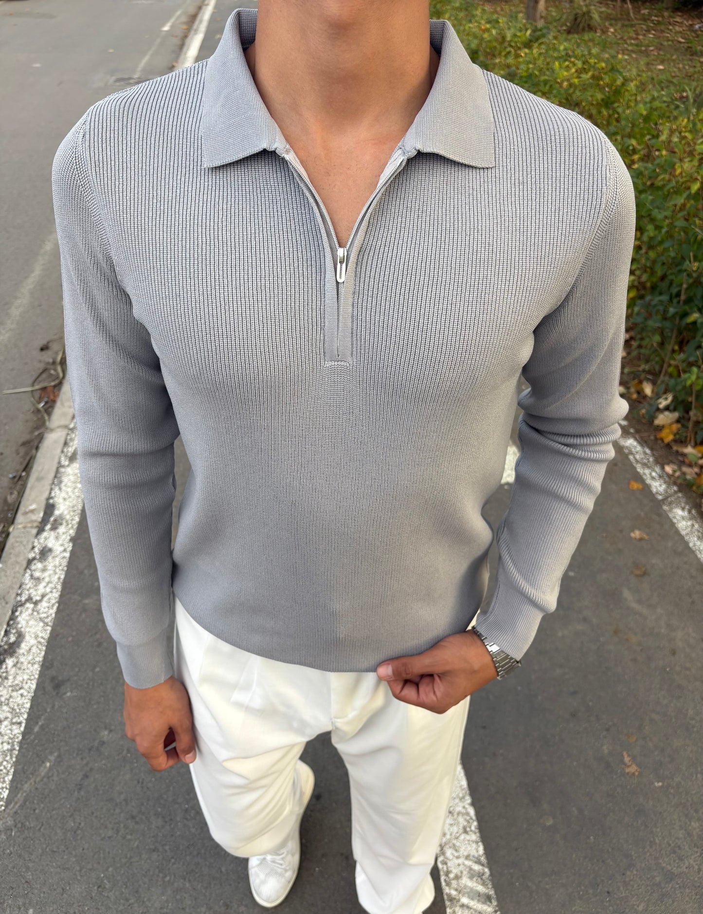 ÇELİK ÖRME YARIM FERMUARLI POLO YAKA SWEATSHİRT GRİ