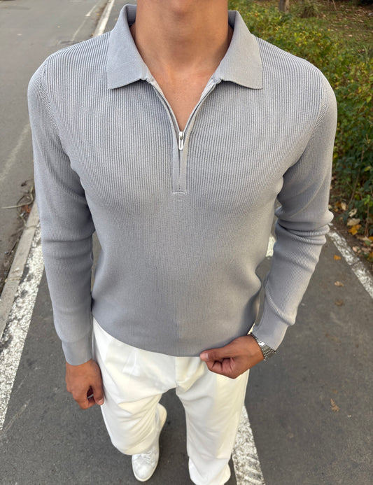 ÇELİK ÖRME YARIM FERMUARLI POLO YAKA SWEATSHİRT GRİ