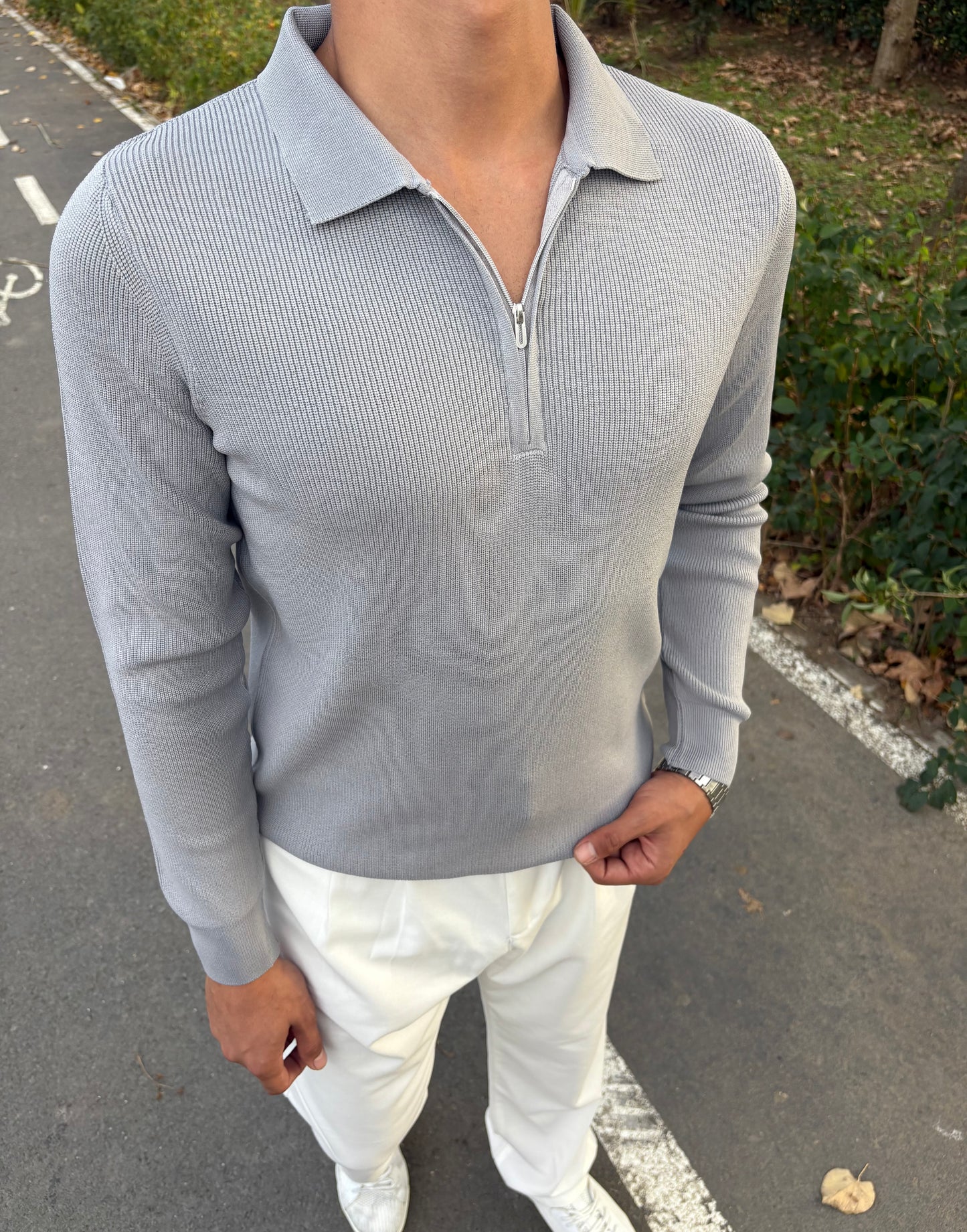 ÇELİK ÖRME YARIM FERMUARLI POLO YAKA SWEATSHİRT GRİ