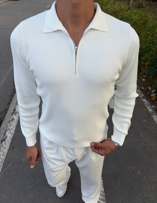 ÇELİK ÖRME YARIM FERMUARLI POLO YAKA SWEATSHİRT BEYAZ