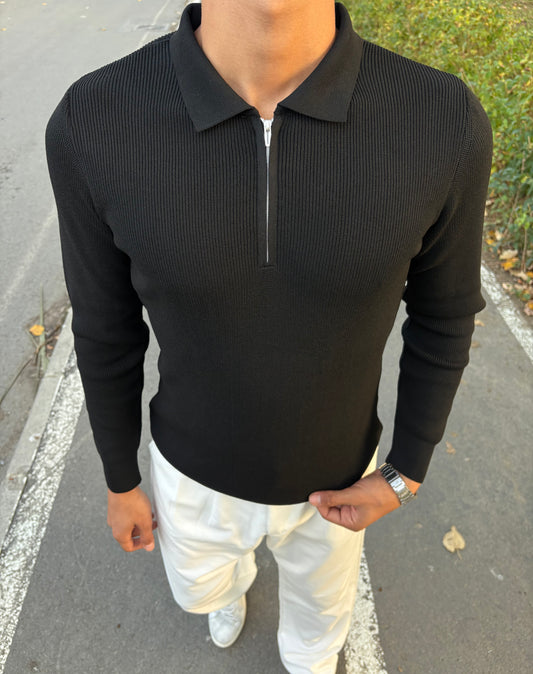 ÇELİK ÖRME YARIM FERMUARLI POLO YAKA SWEATSHİRT SİYAH