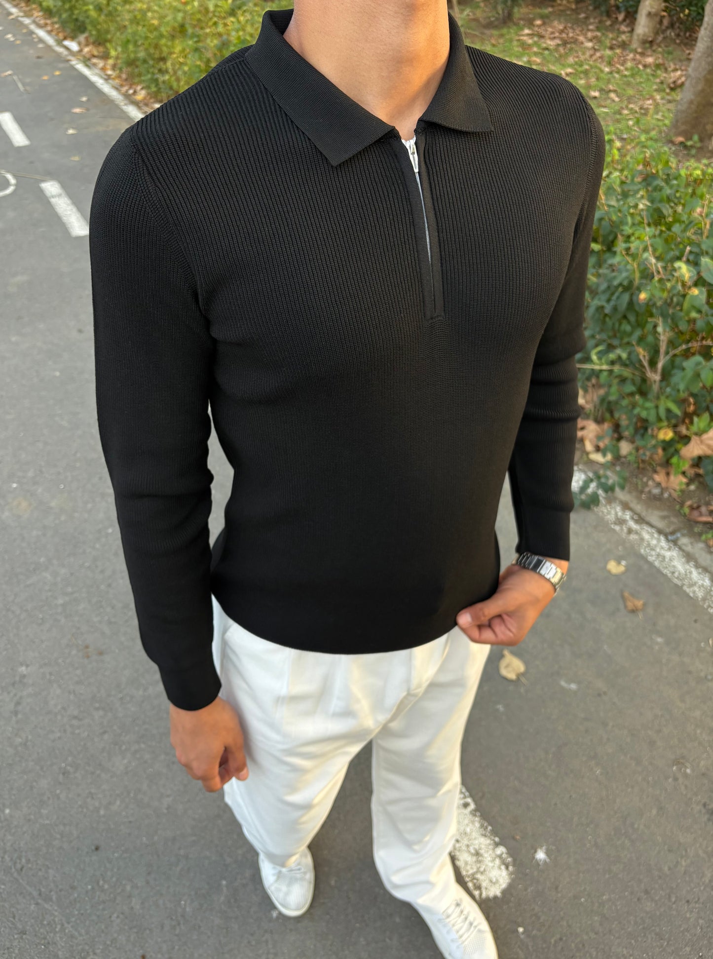 ÇELİK ÖRME YARIM FERMUARLI POLO YAKA SWEATSHİRT SİYAH