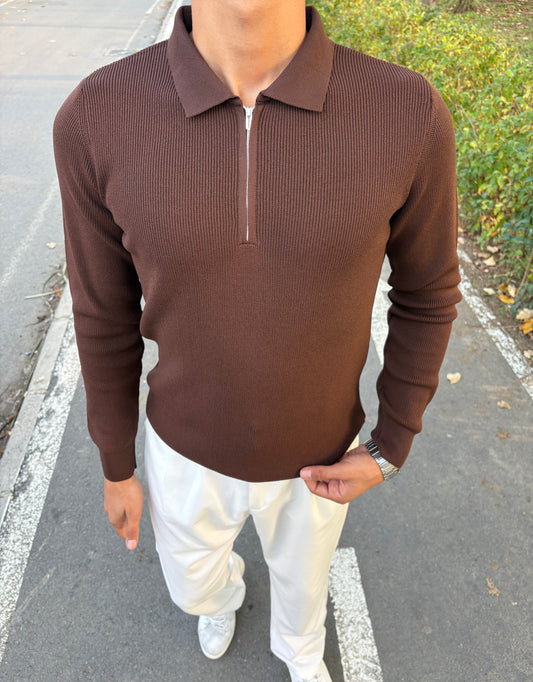 ÇELİK ÖRME YARIM FERMUARLI POLO YAKA SWEATSHİRT KAHVE