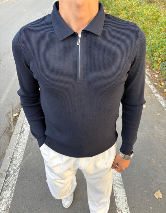 ÇELİK ÖRME YARIM FERMUARLI POLO YAKA SWEATSHİRT LACİVERT