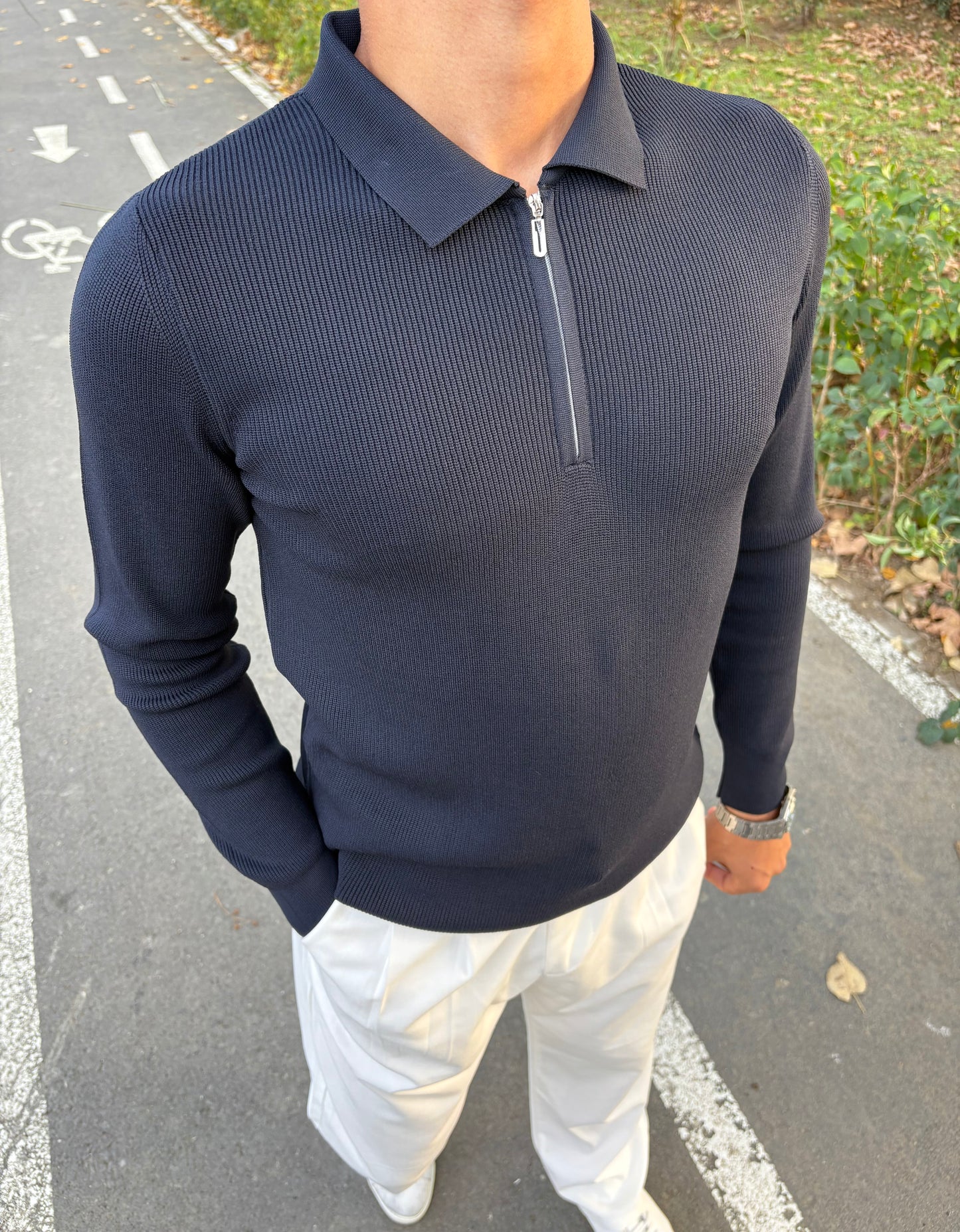 ÇELİK ÖRME YARIM FERMUARLI POLO YAKA SWEATSHİRT LACİVERT