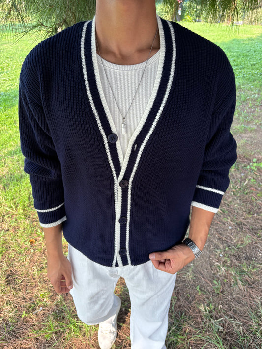 PREMİUM KALİTE ŞERİTLİ TRİKO OVERSİZE HIRKA LACİVERT