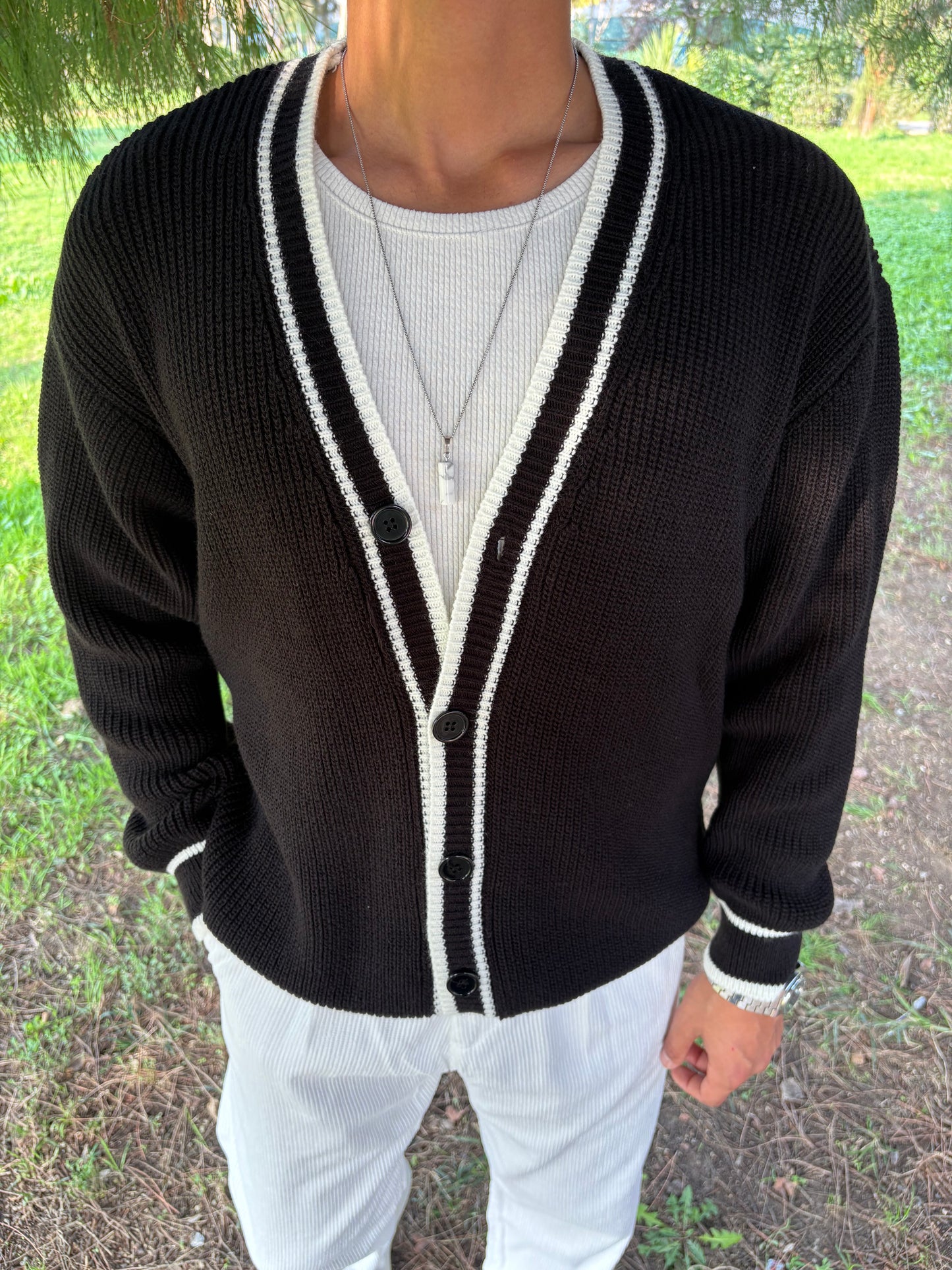 PREMİUM KALİTE ŞERİTLİ TRİKO OVERSİZE HIRKA SİYAH