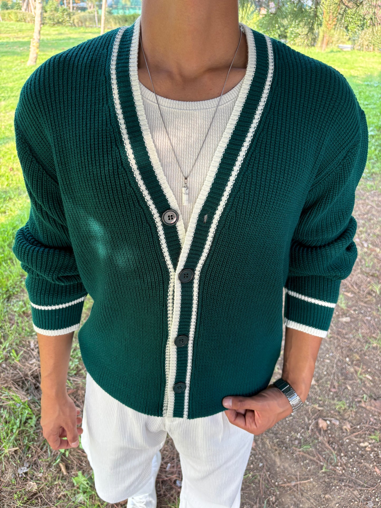 PREMİUM KALİTE ŞERİTLİ TRİKO OVERSİZE HIRKA YEŞİL