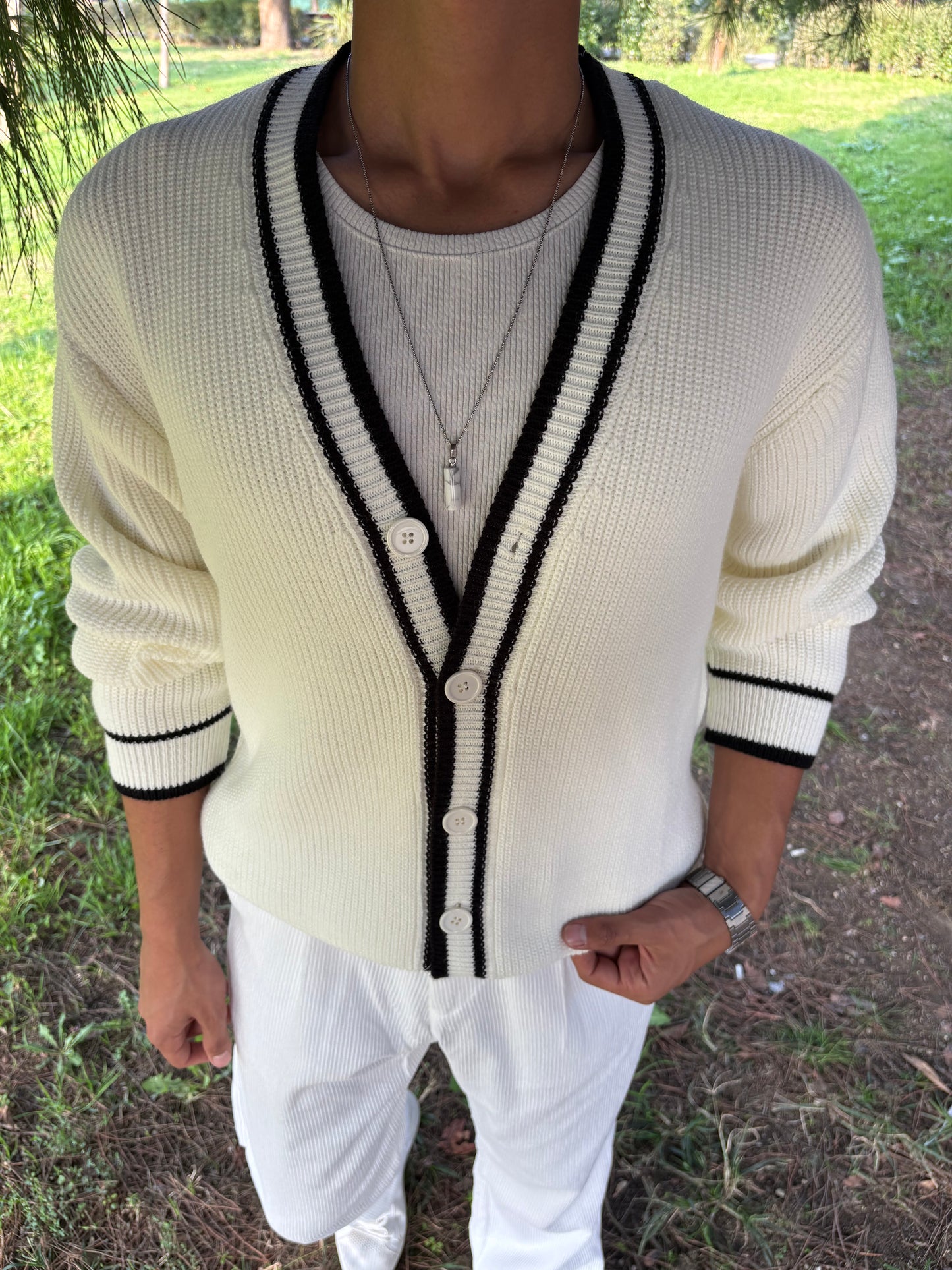 PREMİUM KALİTE ŞERİTLİ TRİKO OVERSİZE HIRKA BEYAZ