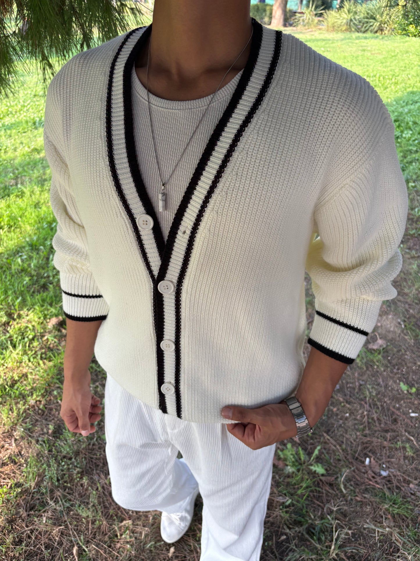 PREMİUM KALİTE ŞERİTLİ TRİKO OVERSİZE HIRKA BEYAZ