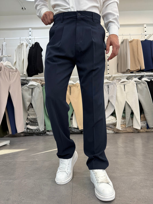Pileli Baggy Kalıp Kumaş Pantolon LACİVERT