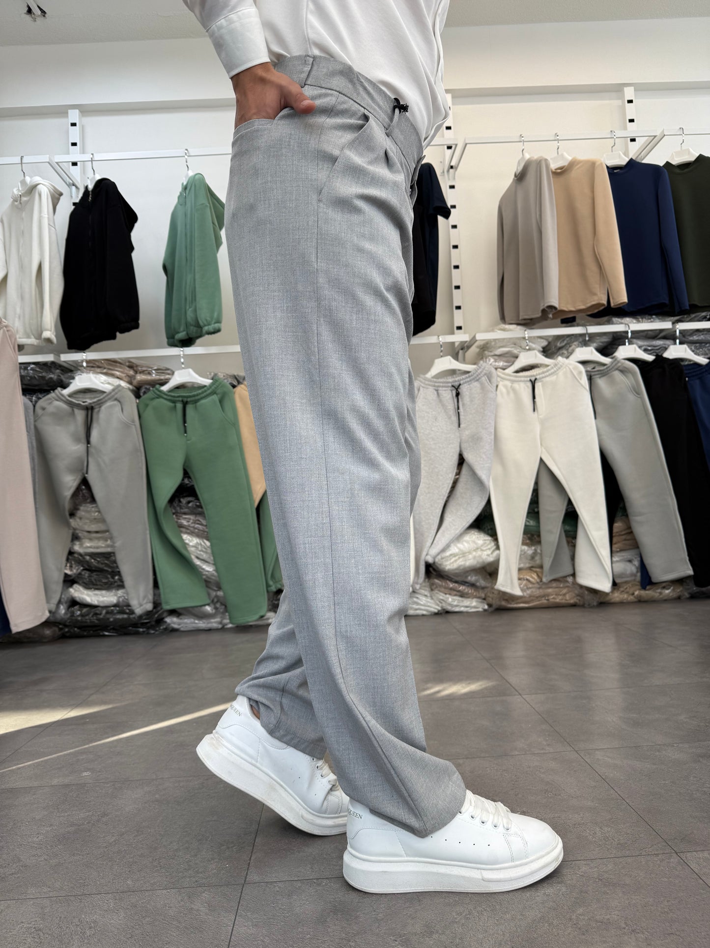Pileli Baggy Kalıp Kumaş Pantolon GRİ