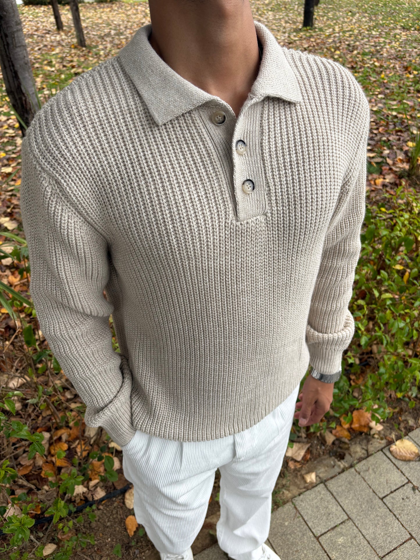 PREMİUM KALİTE DÜĞMELİ POLO YAKA OVERSİZE TRİKO BEJ