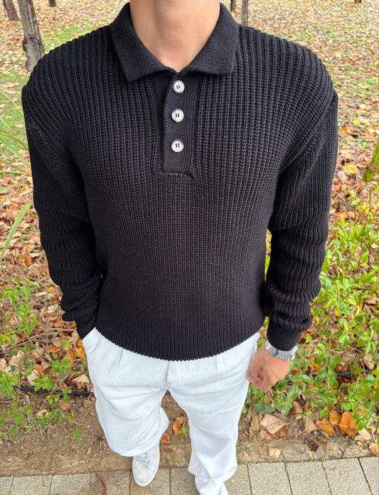 PREMİUM KALİTE DÜĞMELİ POLO YAKA OVERSİZE TRİKO SİYAH