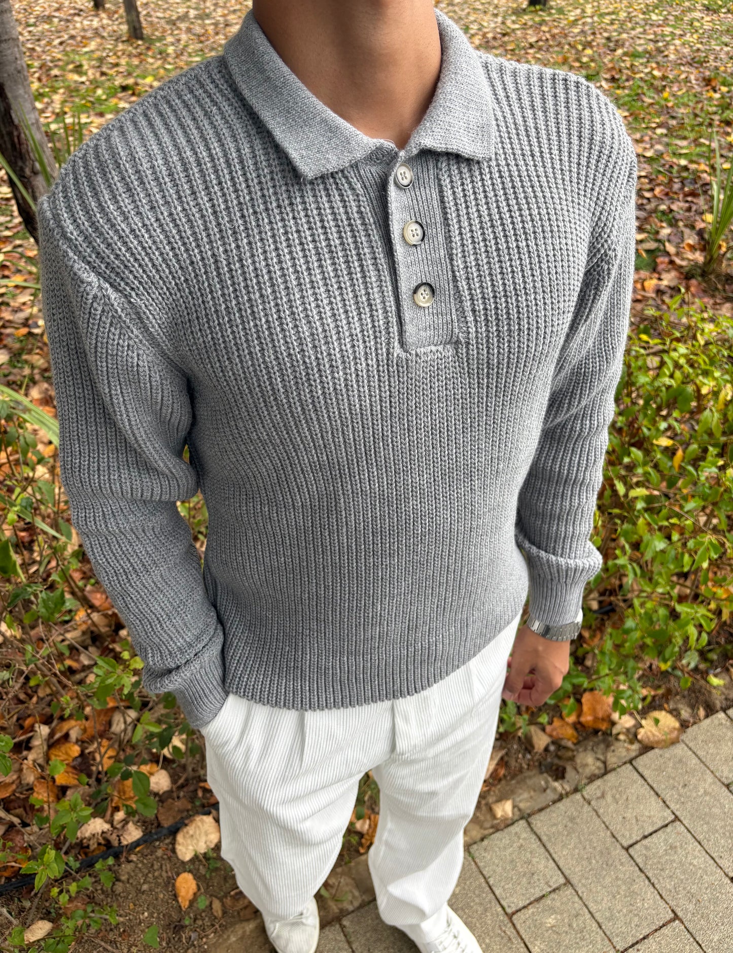 PREMİUM KALİTE DÜĞMELİ POLO YAKA OVERSİZE TRİKO GRİ