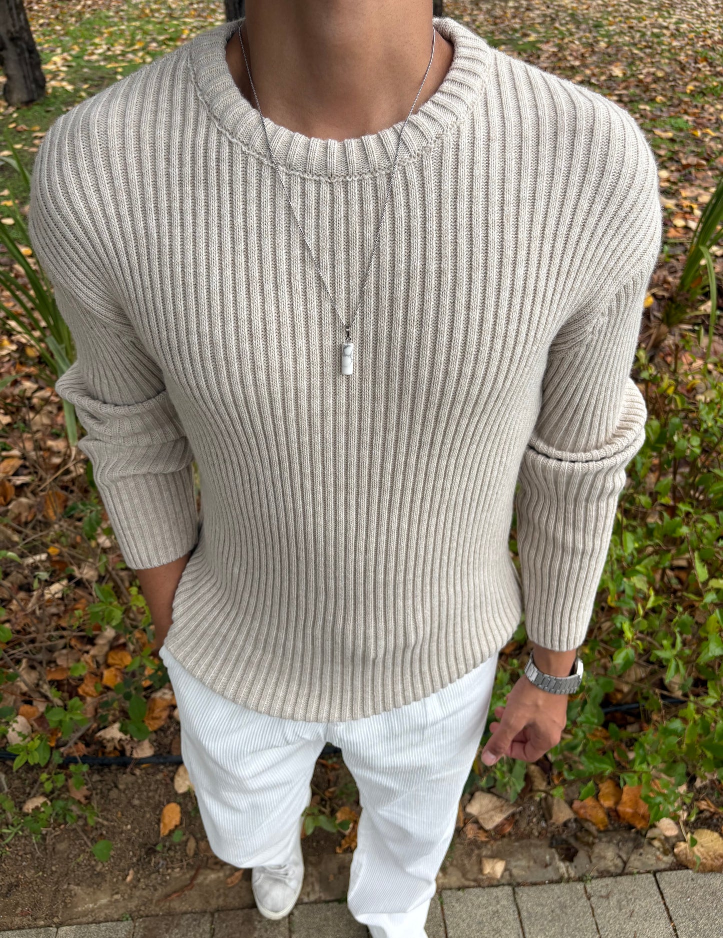 PREMİUM KALİTE BİSİKLET YAKA OVERSİZE TRİKO BEJ