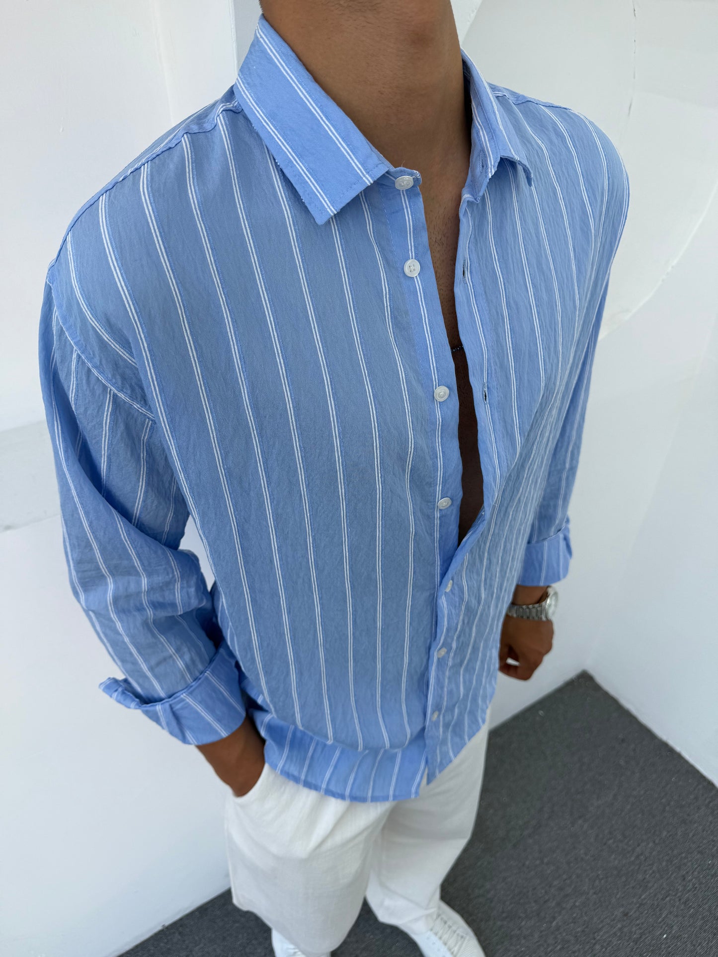 YIKAMALI UZUN KOL KETEN GÖMLEK BEBE MAVİSİ