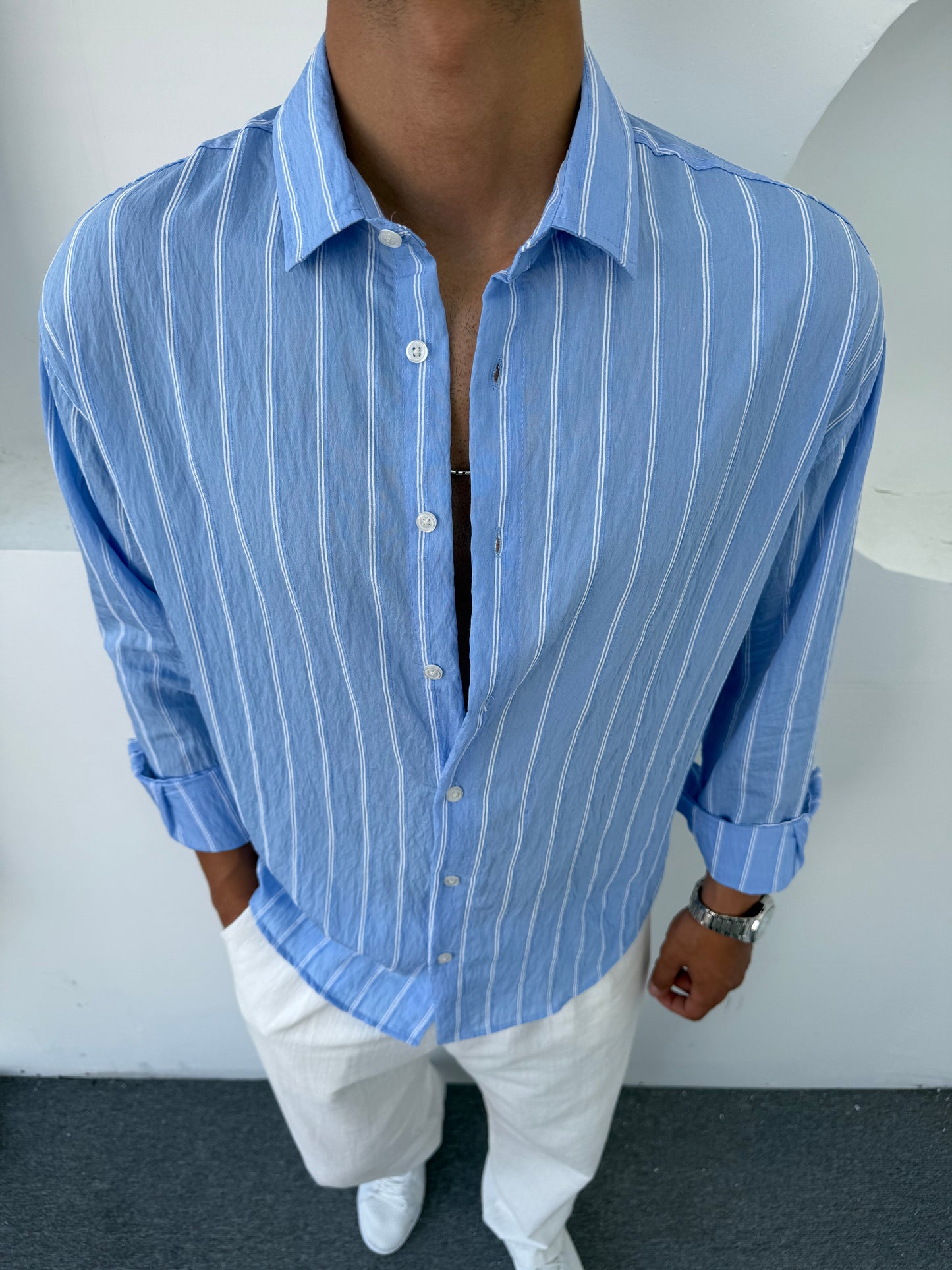 YIKAMALI UZUN KOL KETEN GÖMLEK BEBE MAVİSİ