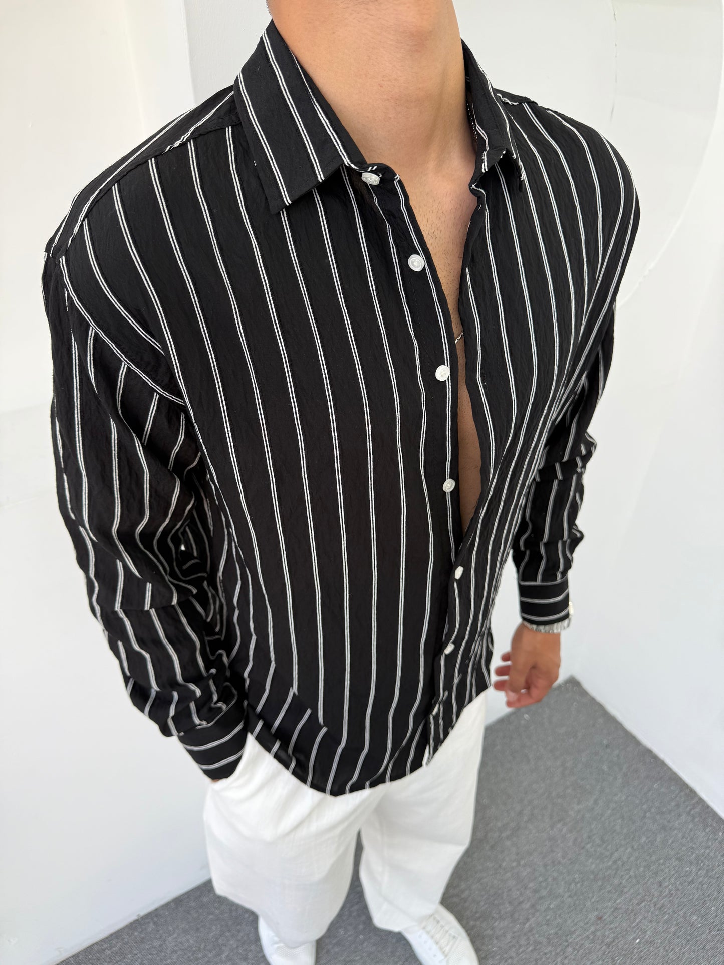 ŞERİTLİ UZUN KOL PAMUK KETEN GÖMLEK