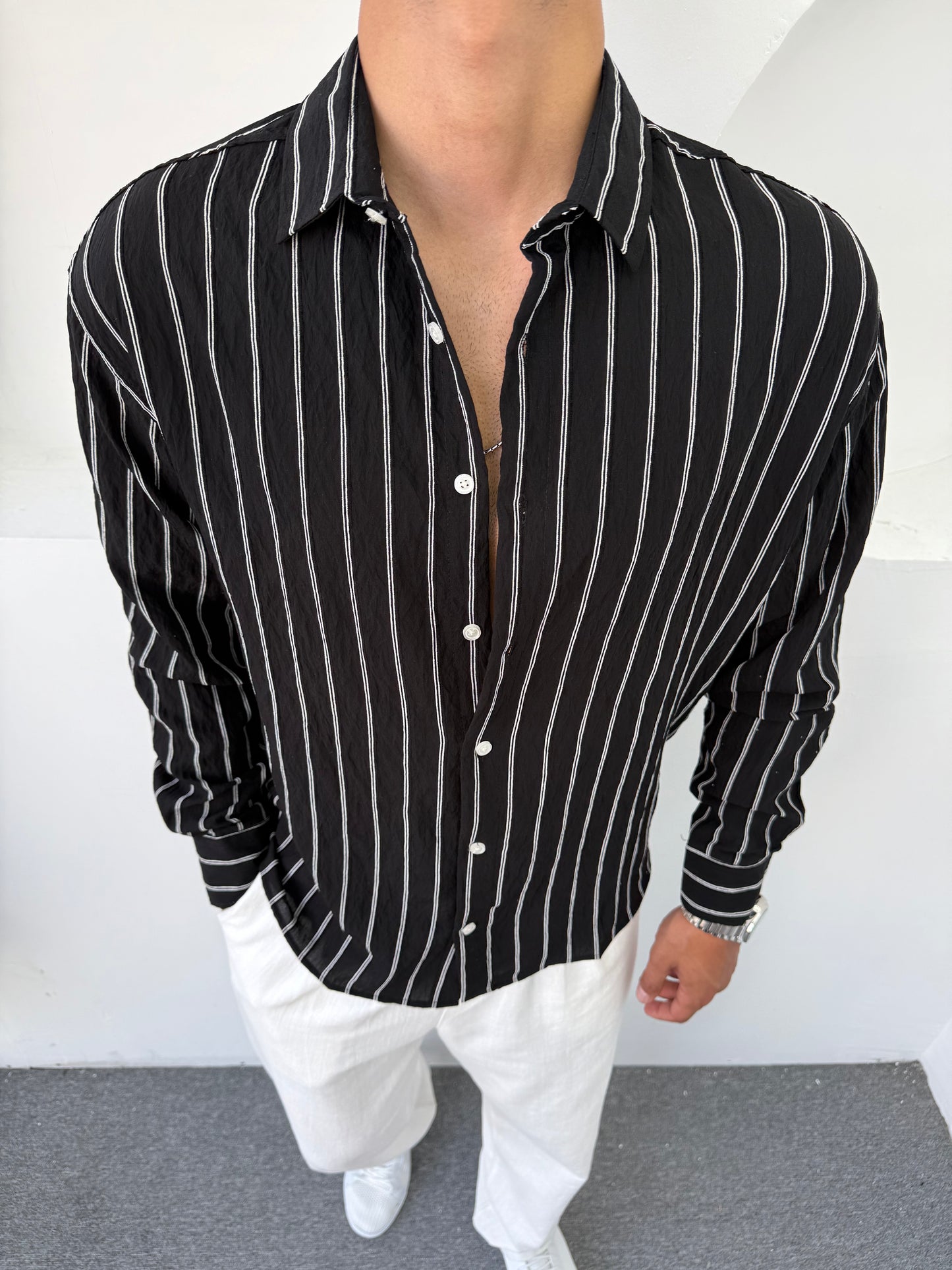 ŞERİTLİ UZUN KOL PAMUK KETEN GÖMLEK