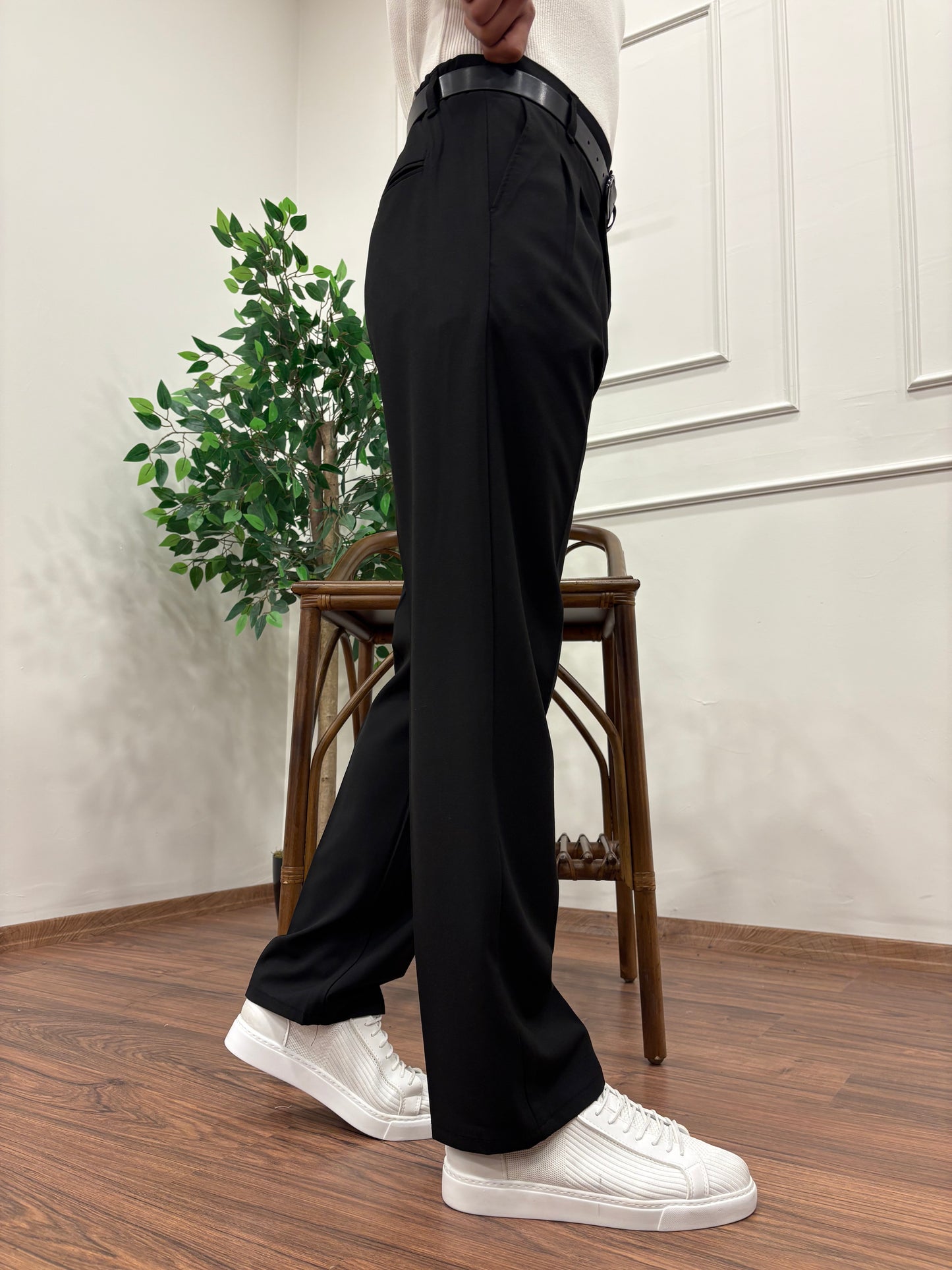 PİLELİ BAGGY KALIP KUMAŞ PANTOLON SİYAH