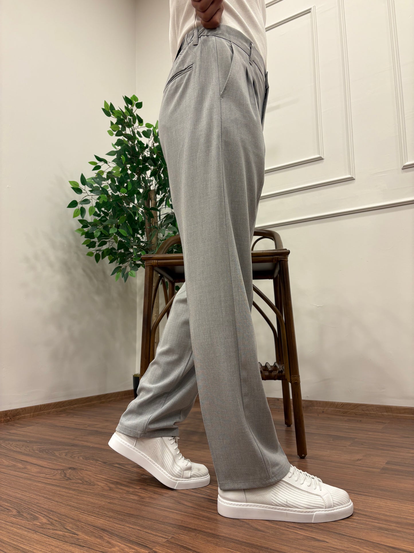 PİLELİ BAGGY KALIP KUMAŞ PANTOLON GRİ