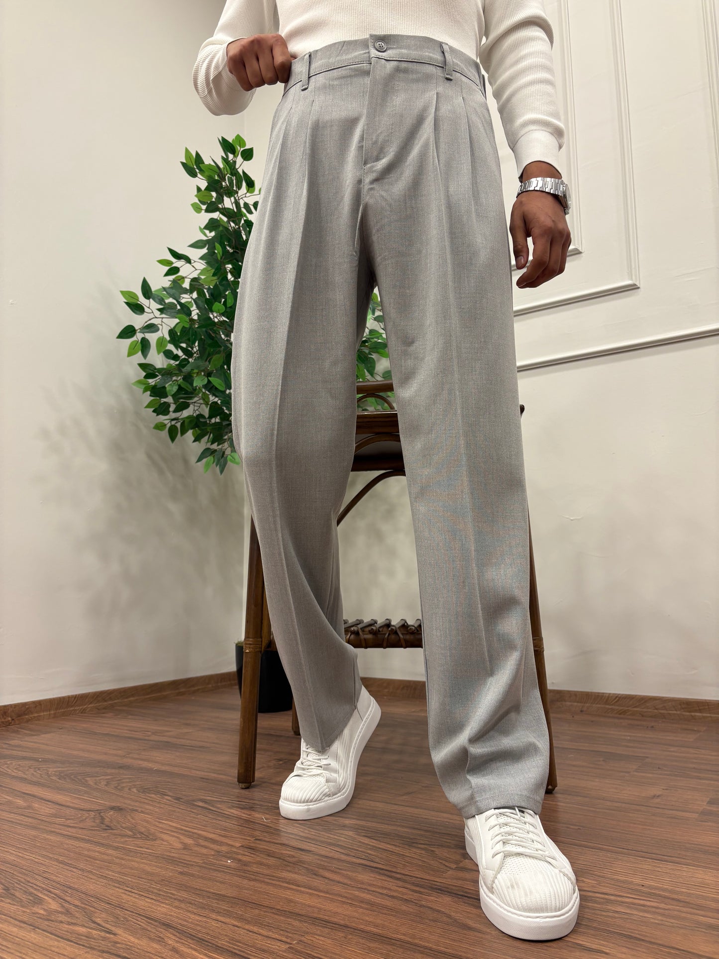 PİLELİ BAGGY KALIP KUMAŞ PANTOLON GRİ