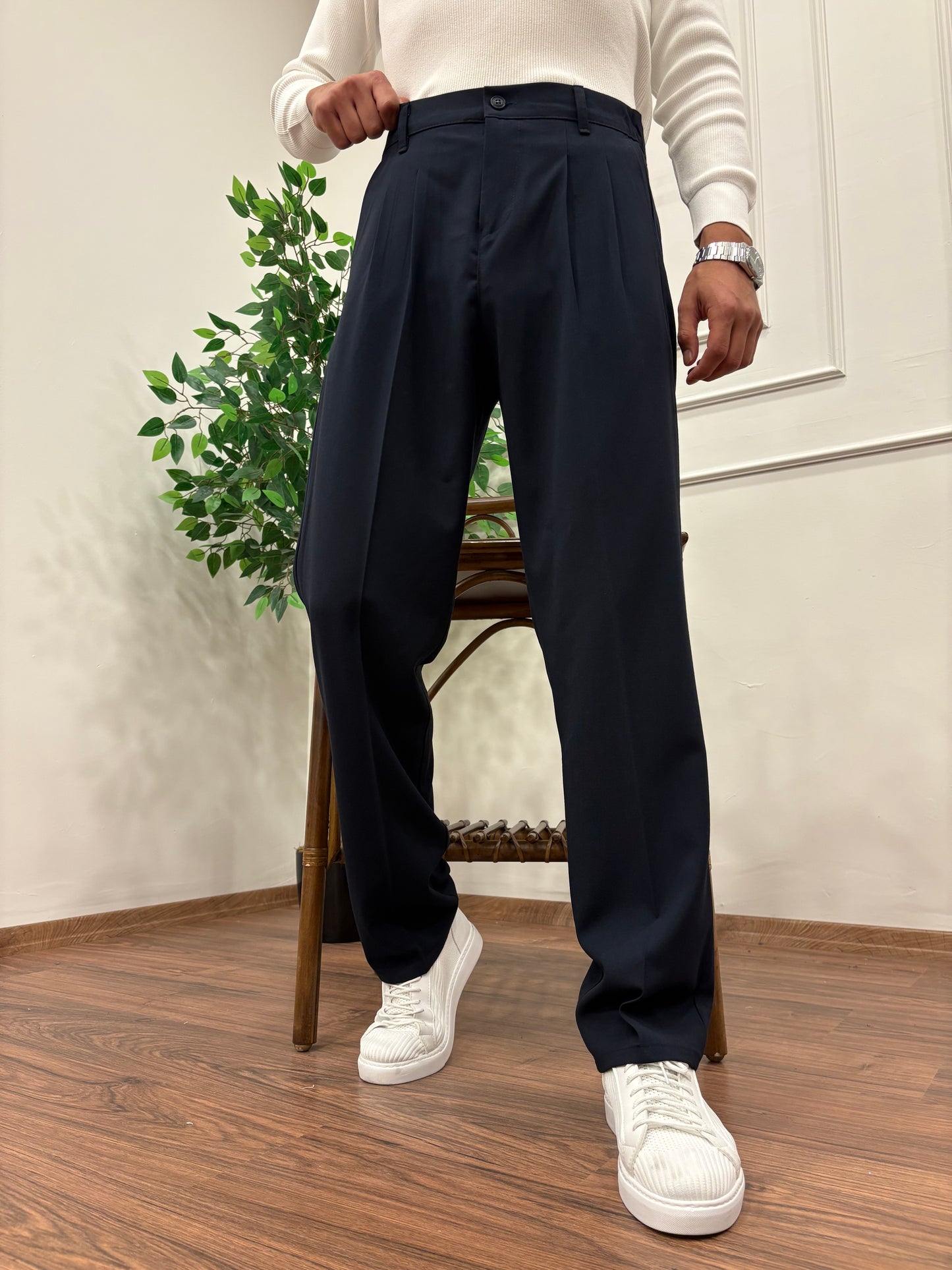 PİLELİ BAGGY KALIP KUMAŞ PANTOLON LACİVERT