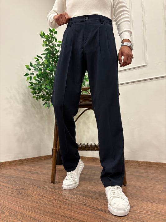 PİLELİ BAGGY KALIP KUMAŞ PANTOLON LACİVERT