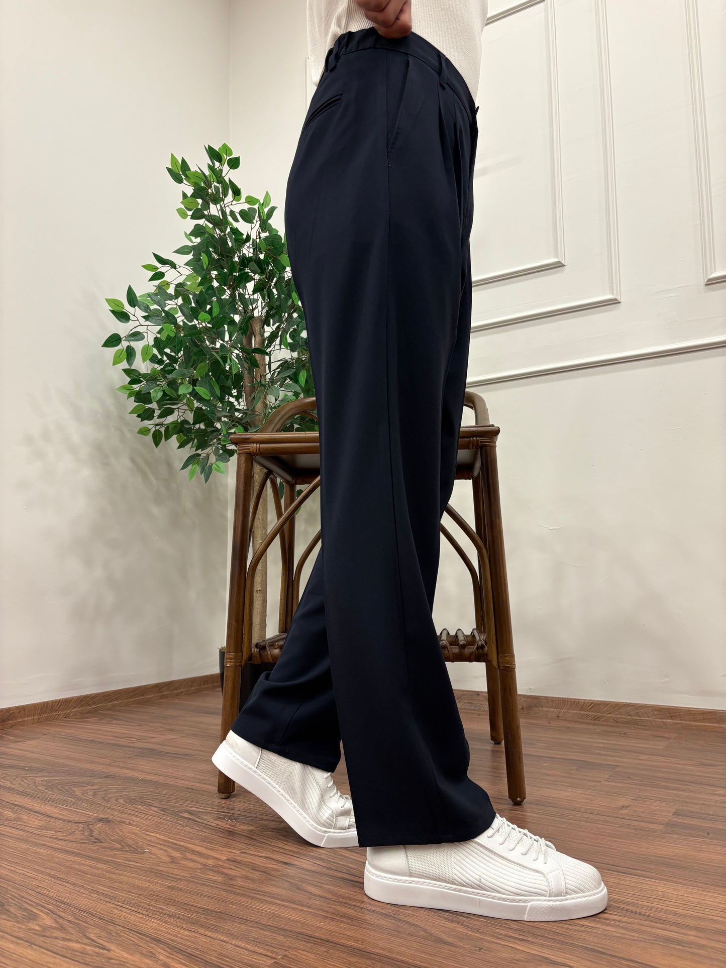 PİLELİ BAGGY KALIP KUMAŞ PANTOLON LACİVERT