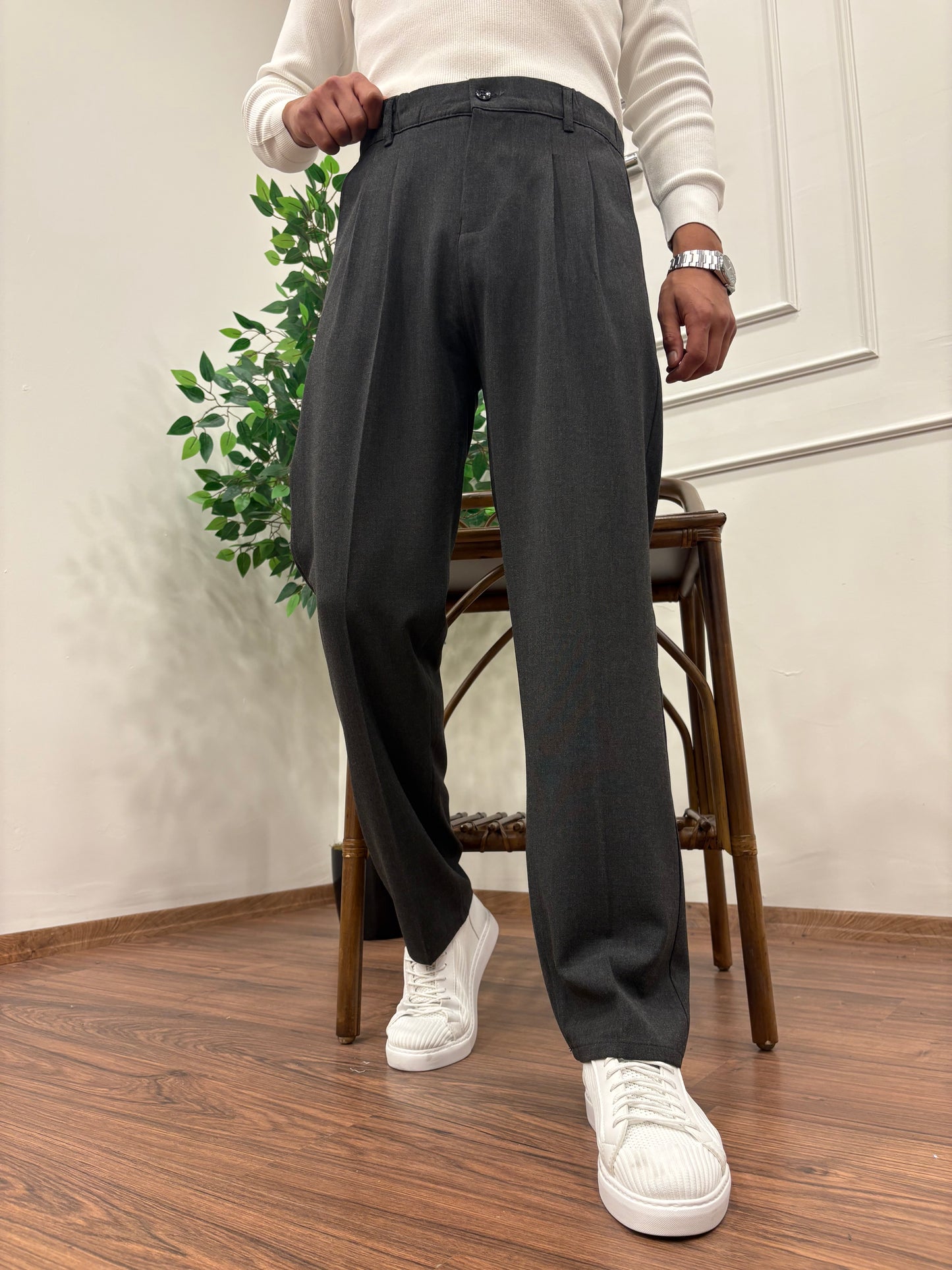 PİLELİ BAGGY KALIP KUMAŞ PANTOLON ANTRASİT