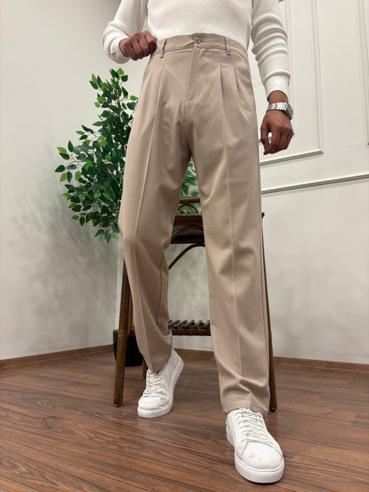 PİLELİ BAGGY KALIP KUMAŞ PANTOLON BEJ