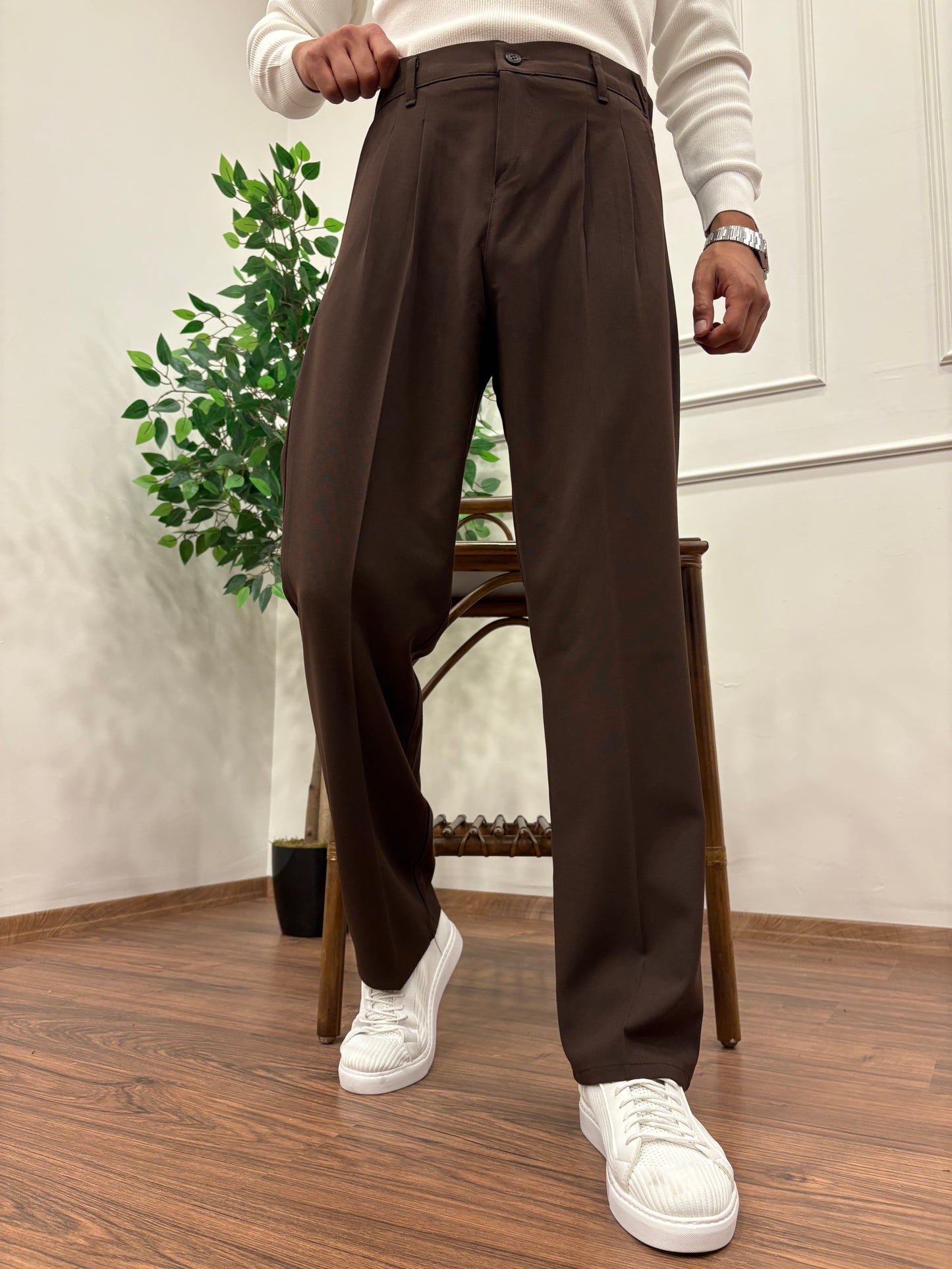 PİLELİ BAGGY KALIP KUMAŞ PANTOLON ACI KAHVE