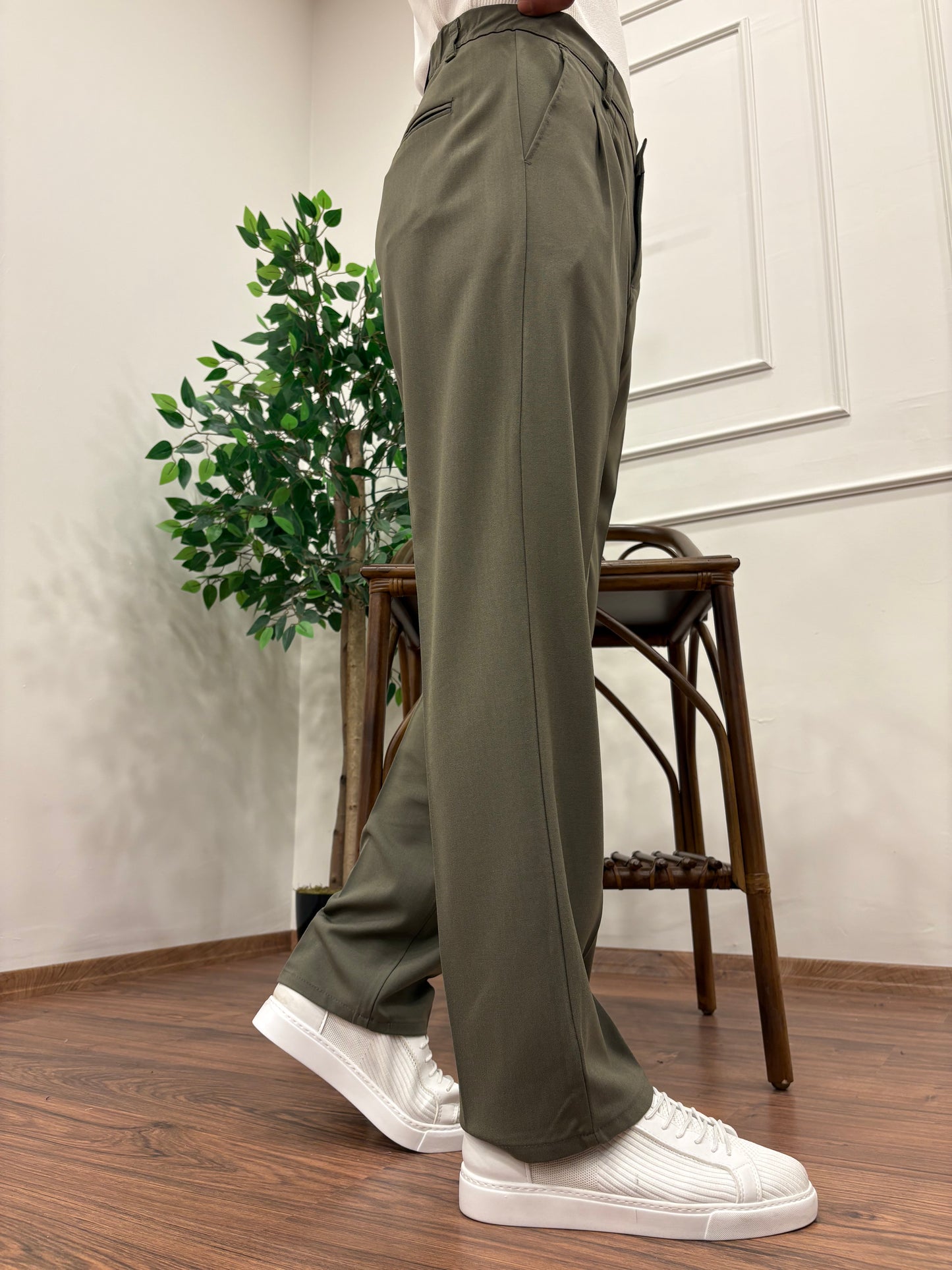 PİLELİ BAGGY KALIP KUMAŞ PANTOLON ÇAĞ YEŞİLİ