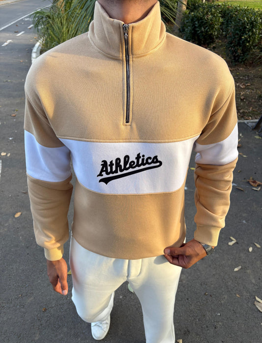 Athletics BASKILI ÜÇ İPLİK ŞARDONLU YARIM FERMUAR SWEATSHİRT BEJ