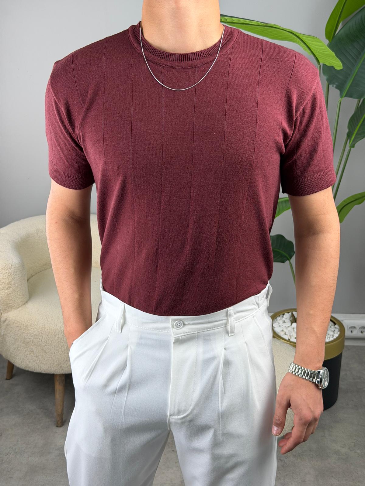 %100 Pamuk Bisiklet Yaka Triko Tshirt BORDO