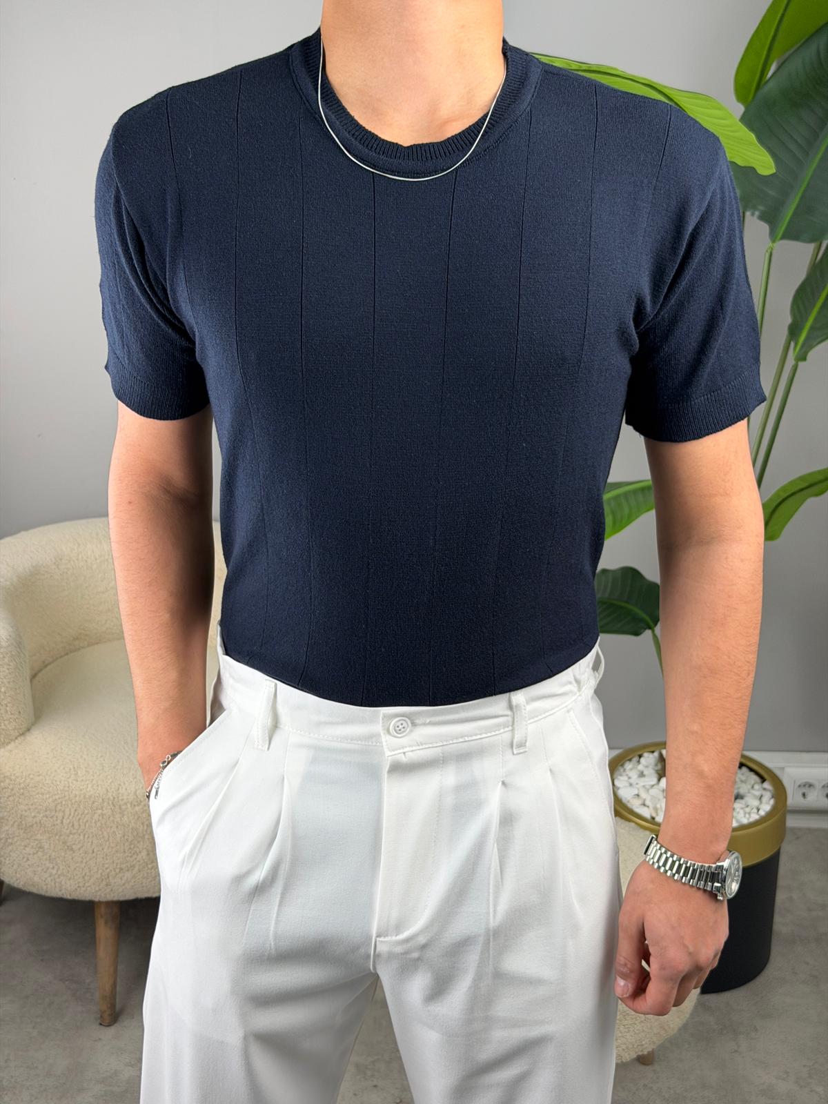 %100 Pamuk Bisiklet Yaka Triko Tshirt LACİVERT