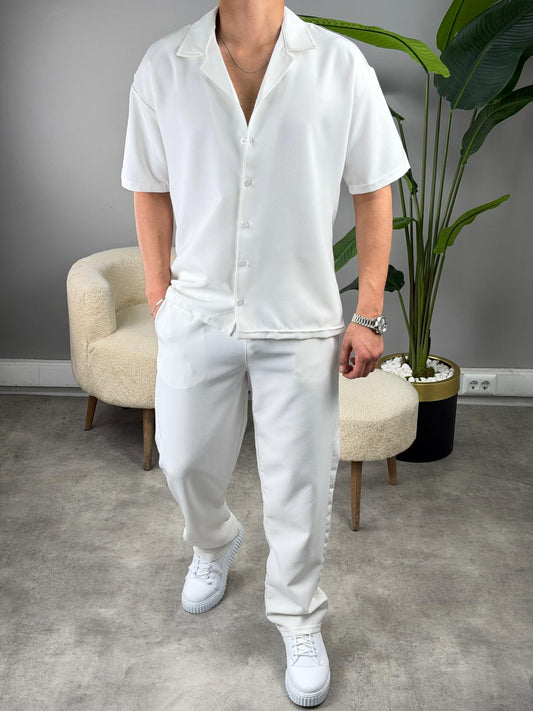 Kısa Kol Dabıl Kumaş Gömlekli Oversize Takım  BEYAZ
