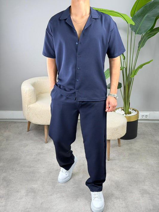 Kısa Kol Dabıl Kumaş Gömlekli Oversize Takım LACİVERT