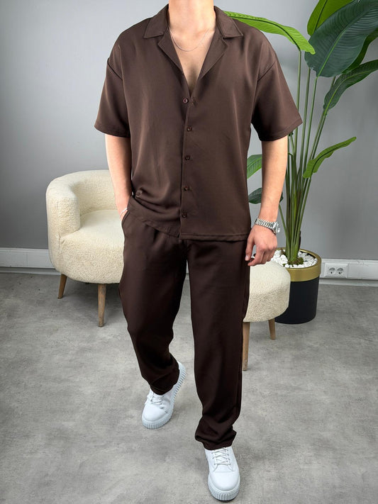 Kısa Kol Dabıl Kumaş Gömlekli Oversize Takım KAHVE