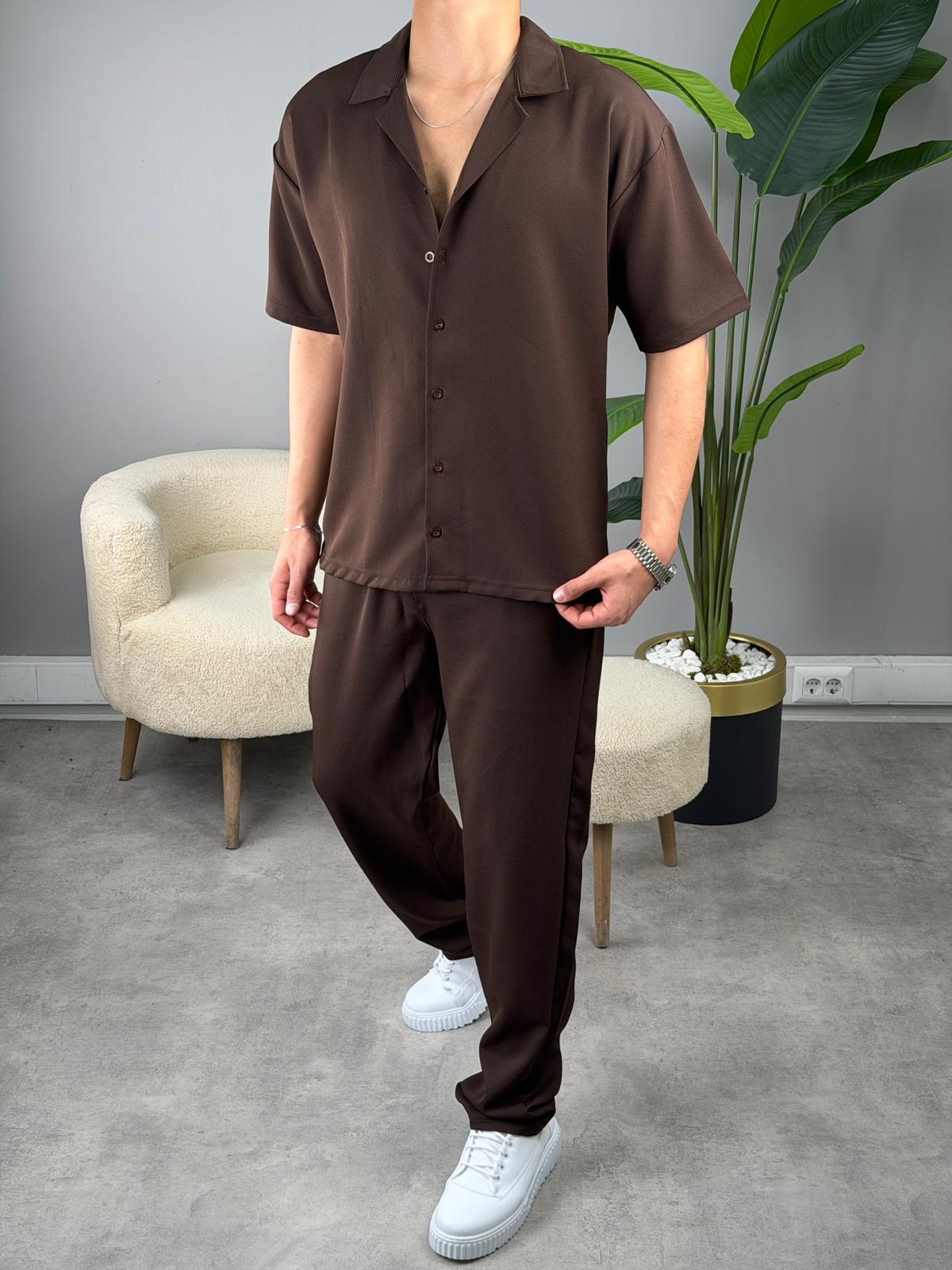 Kısa Kol Dabıl Kumaş Gömlekli Oversize Takım KAHVE