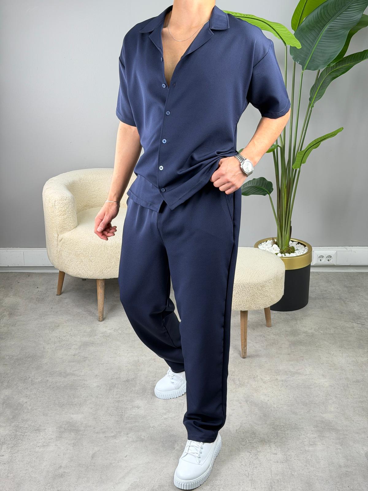 Kısa Kol Dabıl Kumaş Gömlekli Oversize Takım LACİVERT