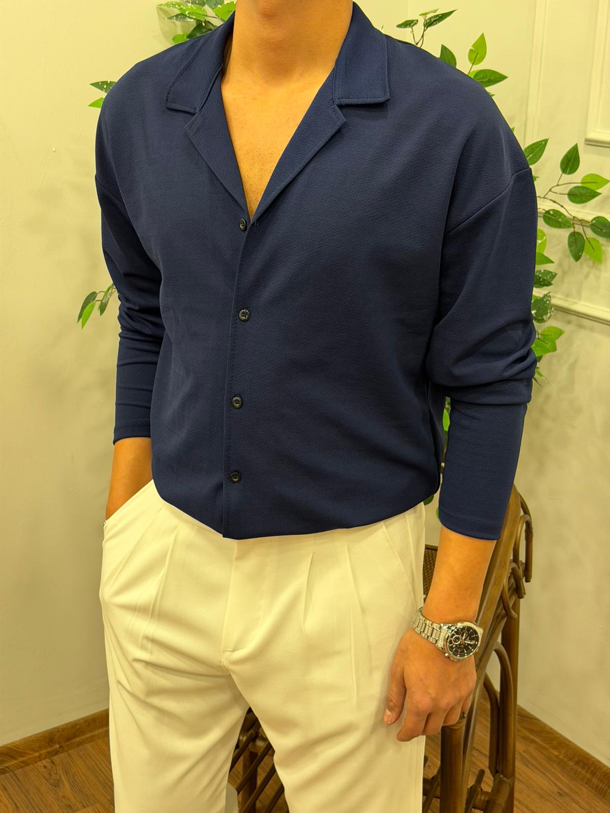 KREP UZUN KOL GÖMLEK LACİVERT