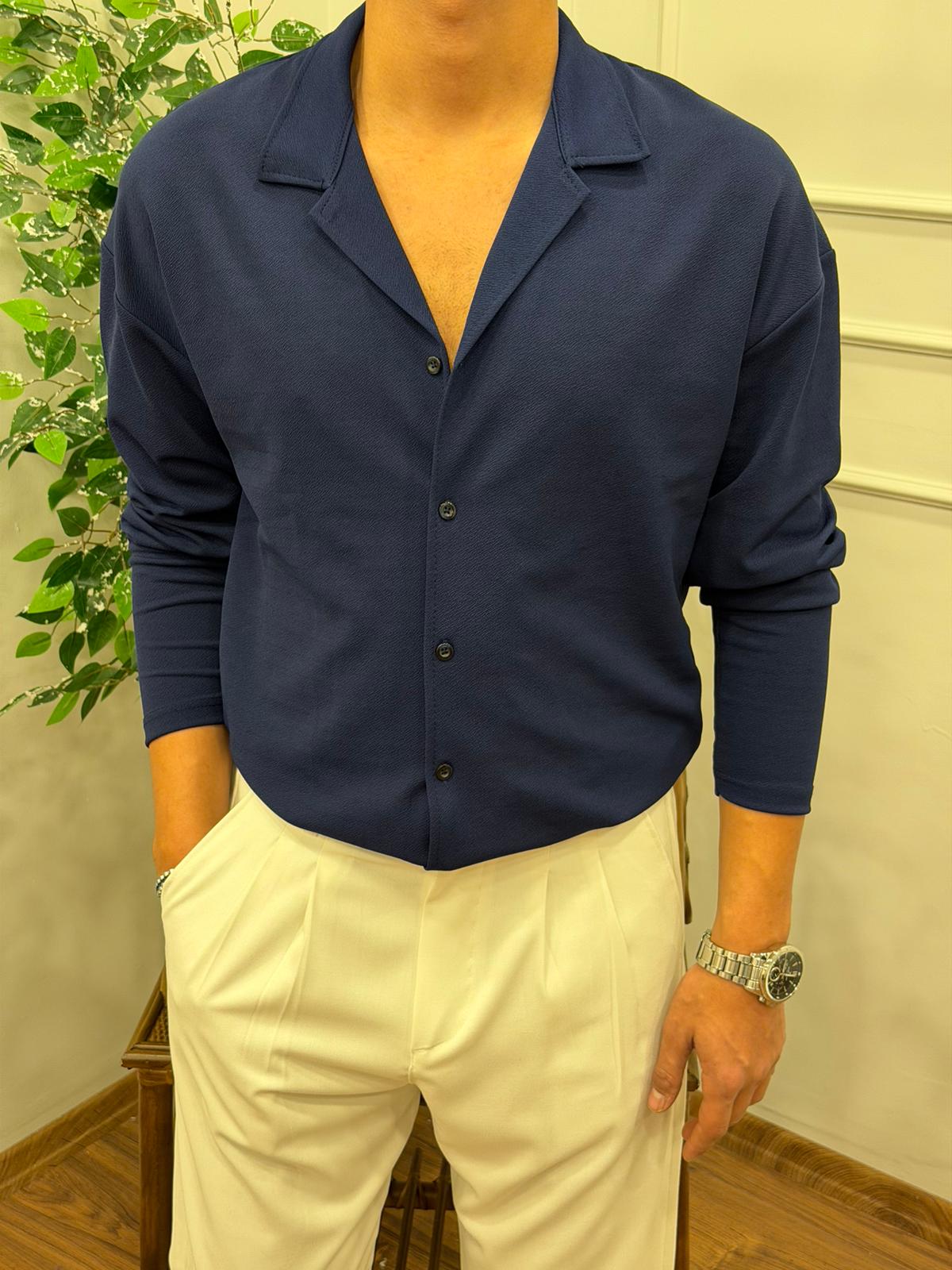 KREP UZUN KOL GÖMLEK LACİVERT