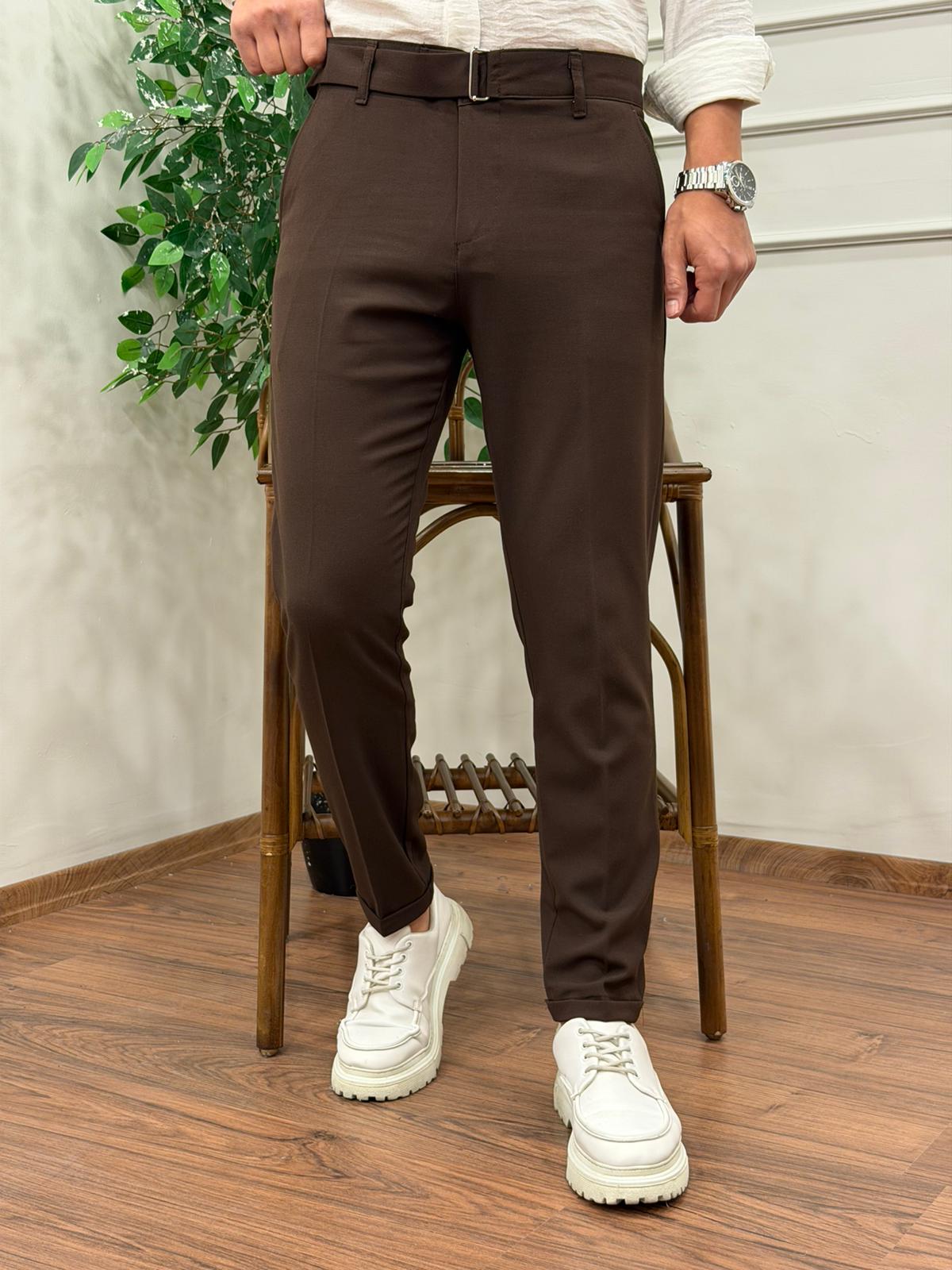 KENDİNDEN KEMERLİ KUMAŞ DUBLE PAÇA PANTOLON ACI KAHVE