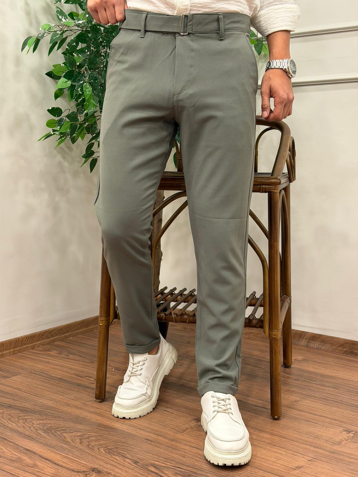 KENDİNDEN KEMERLİ KUMAŞ DUBLE PAÇA PANTOLON ÇAĞLA YEŞİLİ