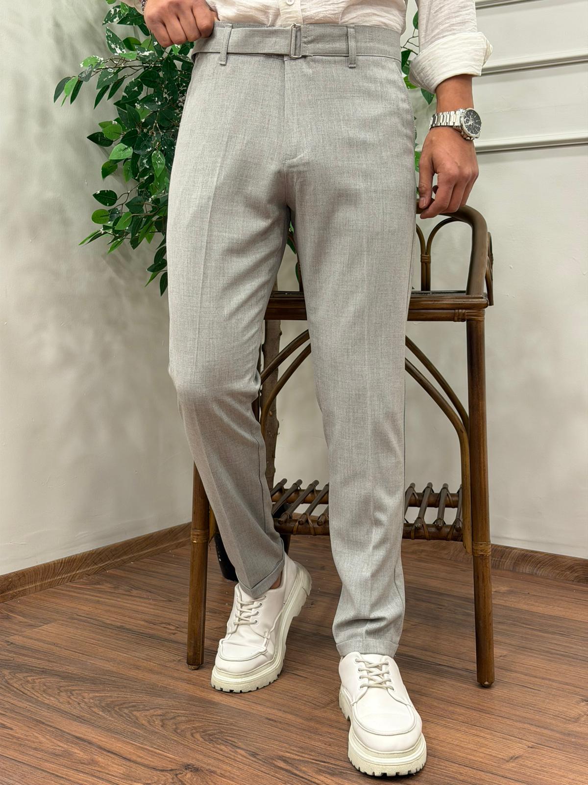 KENDİNDEN KEMERLİ KUMAŞ DUBLE PAÇA PANTOLON GRİ